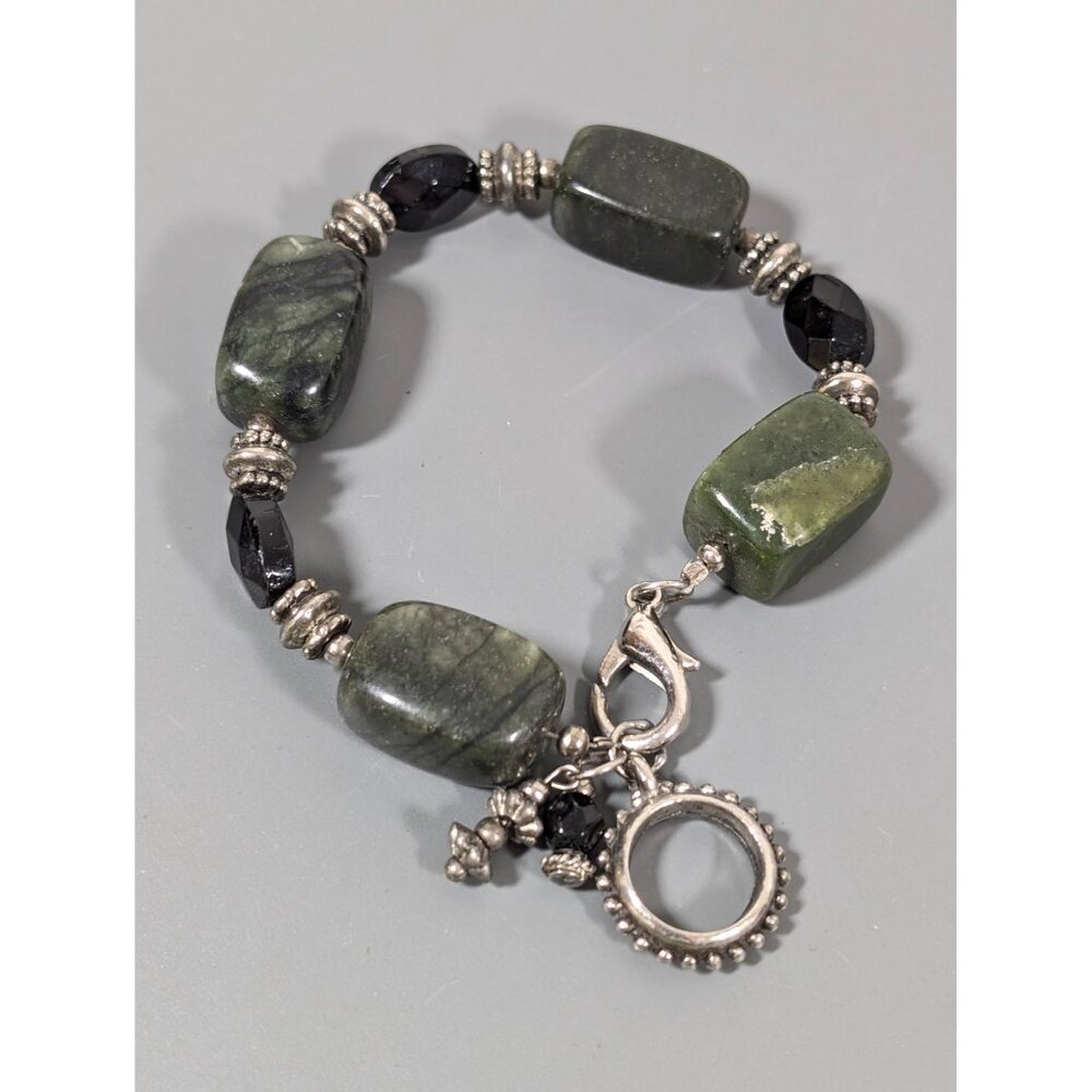 Polished Green Stone‎ Bead Black Faceted Glass Bracelet Chunky Boho Statement 7"